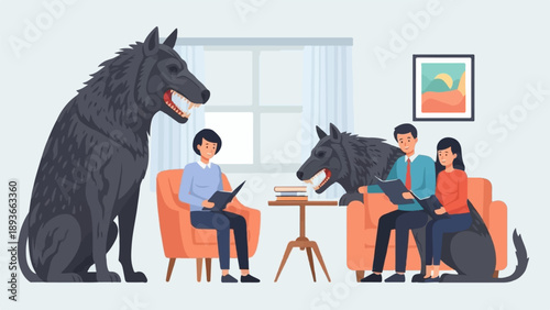 Two people reading with wolves present in a cozy room
