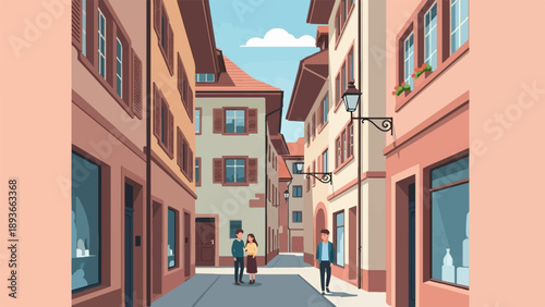 Pixel art scene of a quaint European street with buildings and people