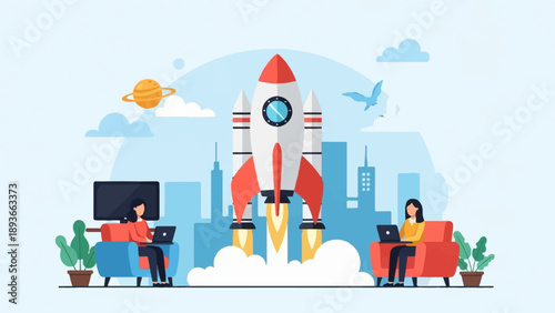 People working remotely with a rocket launching in a cityscape, planet, and bird