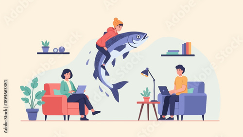 People working remotely with a person riding a leaping fish