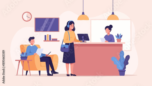 People interacting at a reception area with a man working in a chair