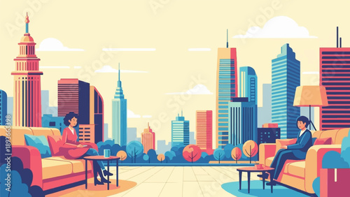 Pixel art scene of two people relaxing in modern living rooms with city skyline
