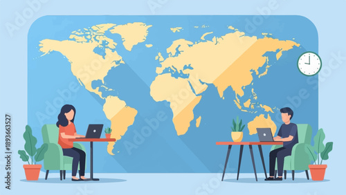 People working remotely near a world map with a clock