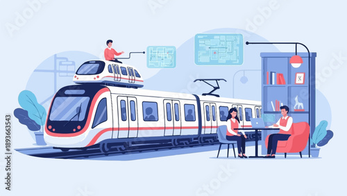 People interact with smart train technology and digital maps