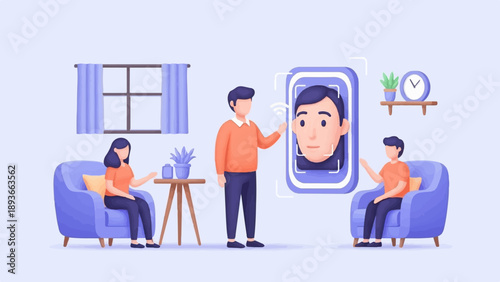 People interact with facial recognition technology for identification