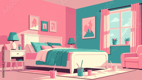 Pixelated bedroom with pink and teal color palette, featuring a bed, chair, and window