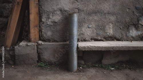 Wallpaper Mural A vertical metal pipe stands beside a weathered stone bench against a rustic wall Torontodigital.ca