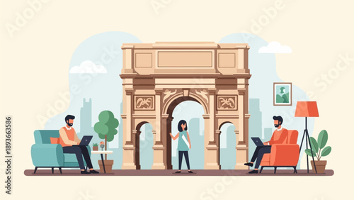 People working remotely in a stylized city park with an iconic archway