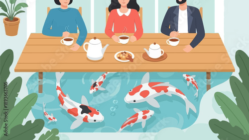 Three people enjoy tea at a wooden table above a pond filled with koi fish