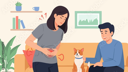 Woman with stomach pain on sofa with man and dog