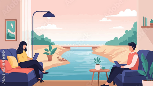 Two people working on laptops from home with a scenic view