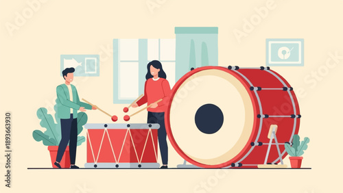 Two people joyfully playing drums indoors with plants
