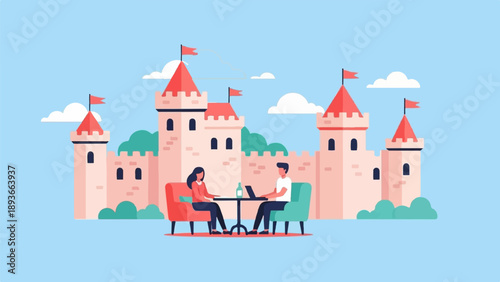 People working on laptops outside a cartoon castle on a blue sky