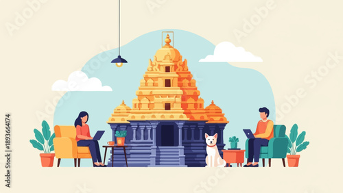 People working on laptops near a temple with a dog
