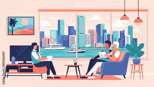 People in a living room with a city skyline and harbor view