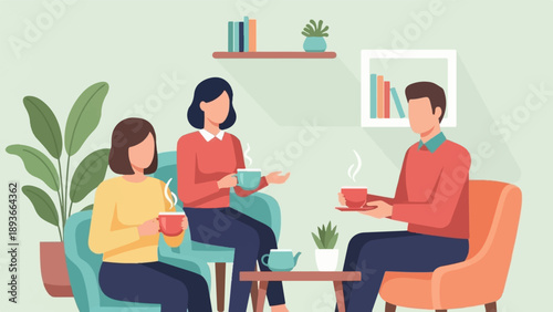 Three people relax on sofas with hot beverages, enjoying conversation and leisure