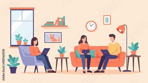 People working on laptops in a cozy living room with plants