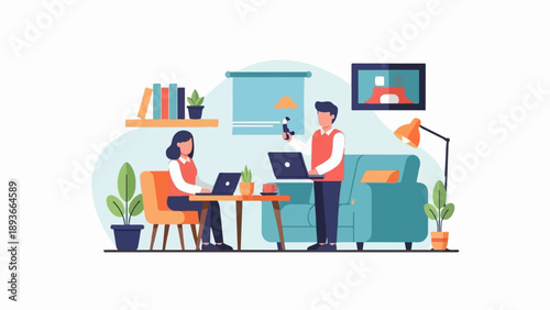 People working on laptops in a cozy home office with plants and a couch