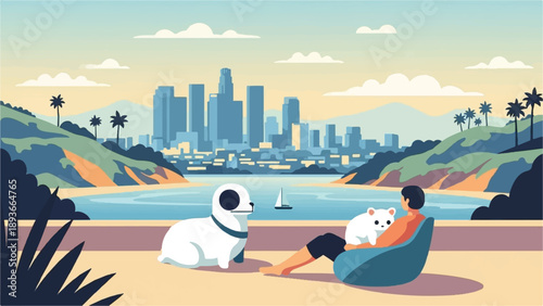 Relaxing seaside view of a city skyline with a person and pets