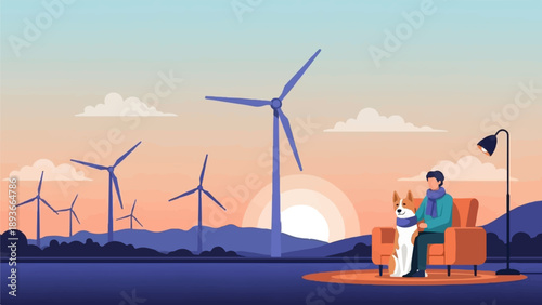 Relaxing with a pet near wind turbines during a serene sunset