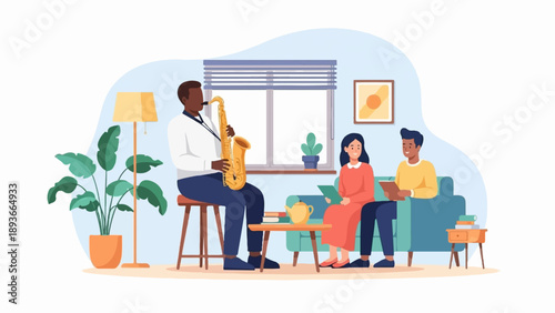 People enjoying a saxophone performance in a cozy room