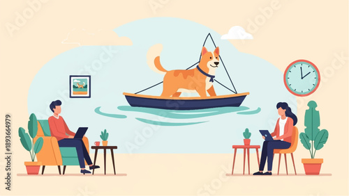 People work remotely with a dog on a boat floating in the sea