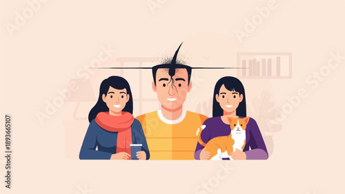 People with a cat, one person showing hair loss with a strand of hair