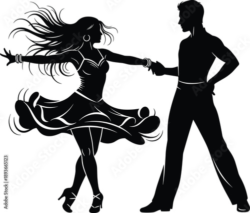 Adobe Stock Title Artistic Black Silhouette of a Professional Couple Dancing Latin Salsa or Ballroom with Dynamic Flowing Hair Isolated on White Background