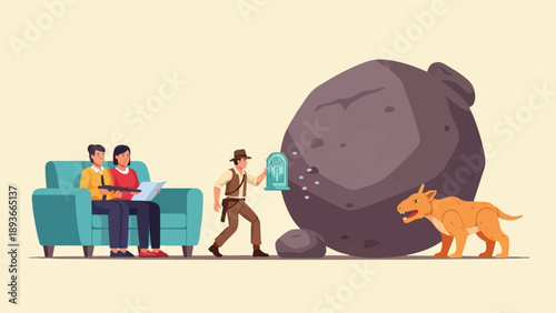 People watching an adventure film with artifact and creature