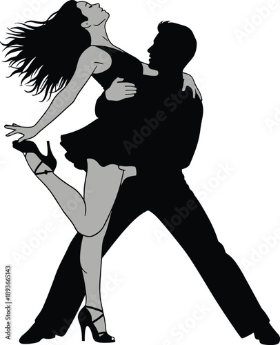 Adobe Stock Title Artistic Silhouette of a Passionate Couple Dancing Latin Salsa or Ballroom with Dramatic Lift and Flowing Hair Isolated on White Background