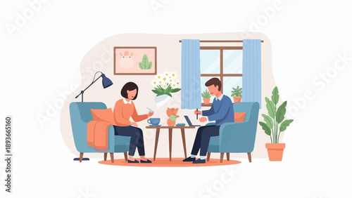 People conversing and working in a cozy living room with plants
