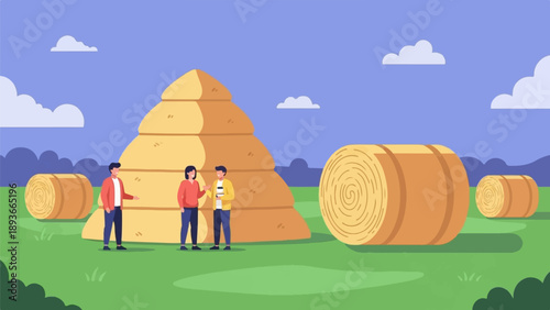 People conversing amidst golden hay bales under a cloudy sky