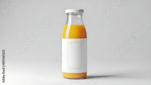 Glass bottle mock up with orange juice and white blank label against clean white background for beverage branding and liquid product packaging design