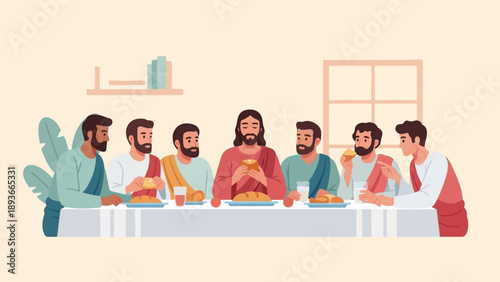 Religious scene depicts Jesus and disciples sharing a meal at a table