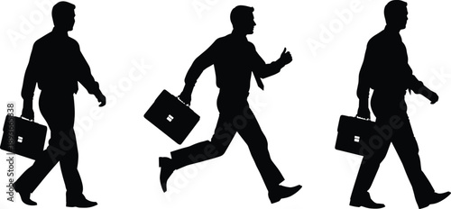 Adobe Stock Title Set of Three Black Silhouettes of a Professional Businessman Carrying a Briefcase and Running to Work Isolated on a White Background
