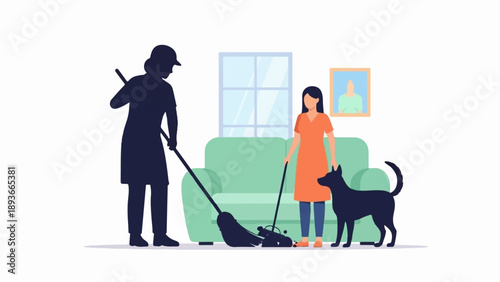 People cleaning a room with a dog present by a couch and window
