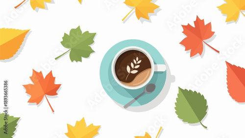 Top view of a coffee cup with latte art surrounded by autumn leaves