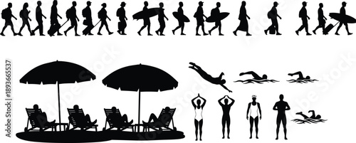 Silhouette collection of beach vacation activities including travel, lounging, swimming, diving, and surfboard scenes in black style