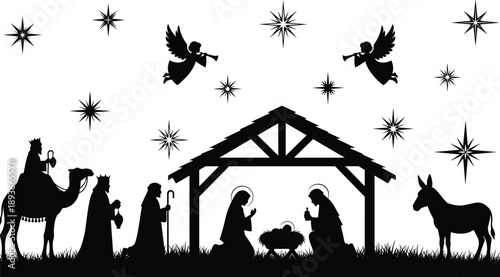 Silhouette nativity scene with Mary, Joseph, baby Jesus, wise men, angels, and animals under starry sky in rustic stable setting