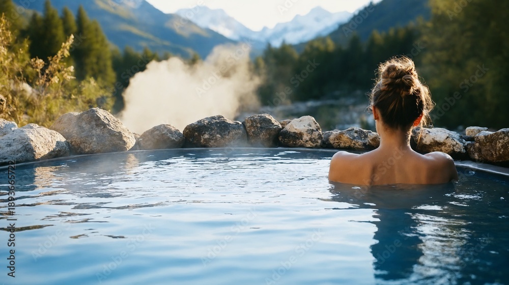 Fototapeta premium Woman in Hot Springs with Mountain View and Steam