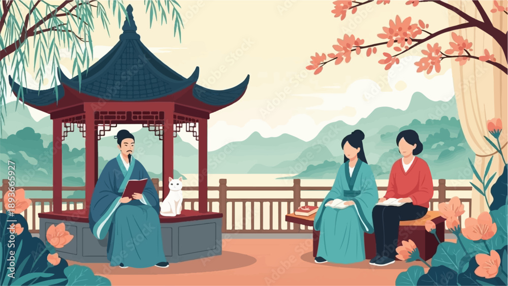 Naklejka premium Peaceful courtyard scene with scholars and a cat in traditional attire