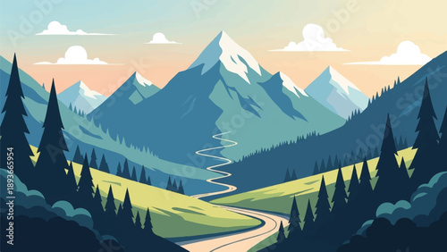 Serpentine road winds through a valley toward snow-capped mountains