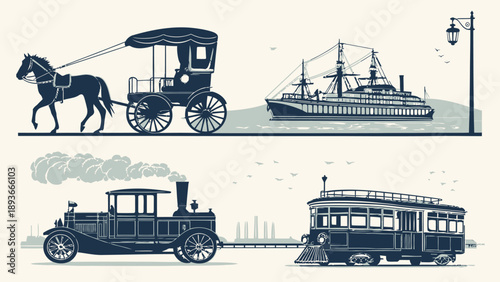 Vintage transportation modes horse drawn carriage steam train ship and tram in a historical silhouette vector set