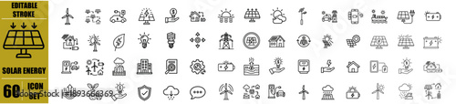 Solar Energy Editable Line Icons Set – Solar Panel, Sun, Renewable Energy, Electricity, Battery, Power Generation and Eco Friendly System Icons for Infographics and Web Design