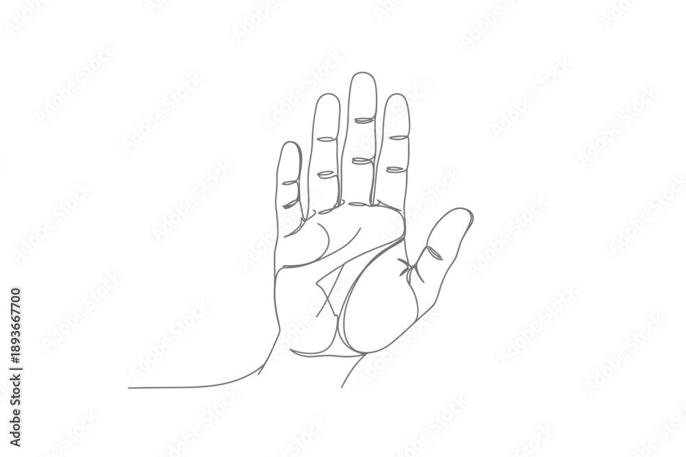 Fototapeta premium Continuous line art drawing of an open hand raised in a stop, halt, or greeting gesture on a white background