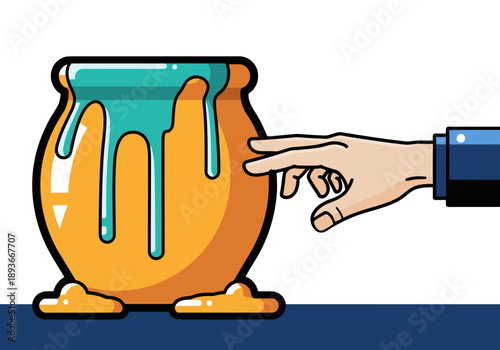 A stylized illustration depicts a hand reaching for honey dripping from a pot, symbolizing a cybersecurity trap. Bold colors and a graphic style create a striking visual.