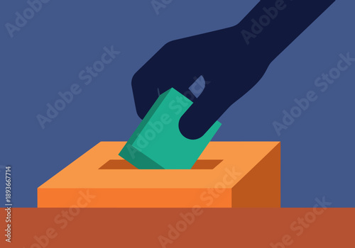 A stylized hand casts a vote into a blockchain ballot box. Modern, vibrant colors highlight the digital governance concept. Suitable for business and technology visuals.