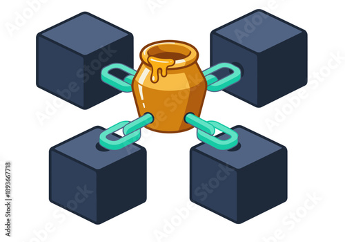A stylized illustration depicts a decentralized data link, featuring a honey pot connected to multiple cubes via chains. It showcases a modern, interconnected network concept.