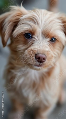Adorable brown and white puppy with expressive eyes looking directly at the camera, close-up portrait.