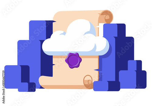 A stylized illustration showcases smart contract automation governance with a scroll containing a cloud, symbolizing secure digital agreements. Modern, vibrant design.